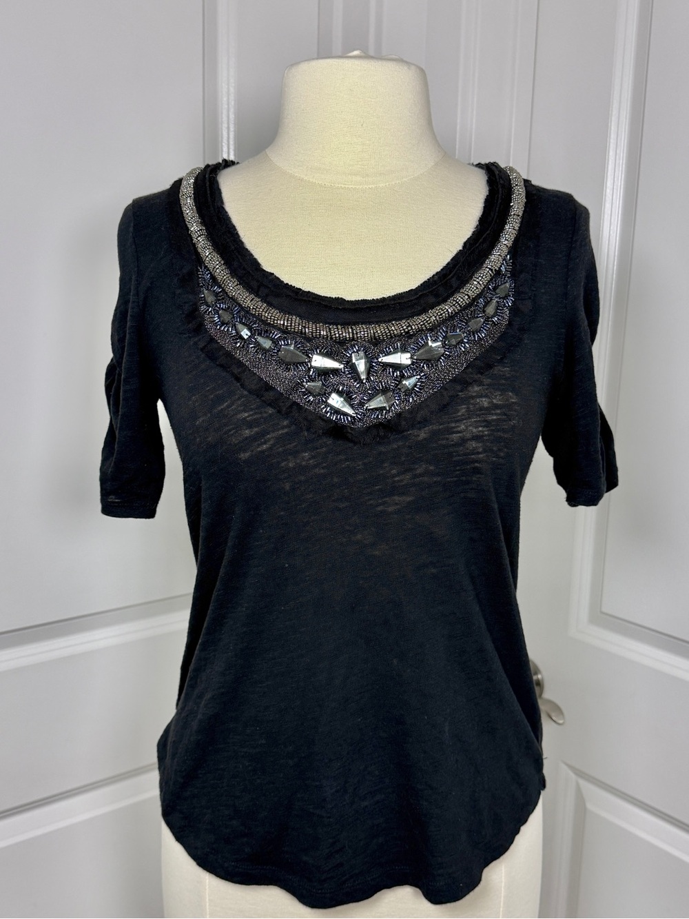 Deletta Black Beaded Embellished Neckline Short Sleeve Top Sz S, Statement Party